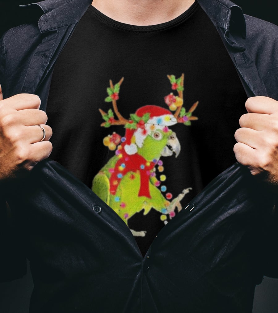 Festive Parrot Wearing Santa Hat And Reindeer Antlers T-Shirt