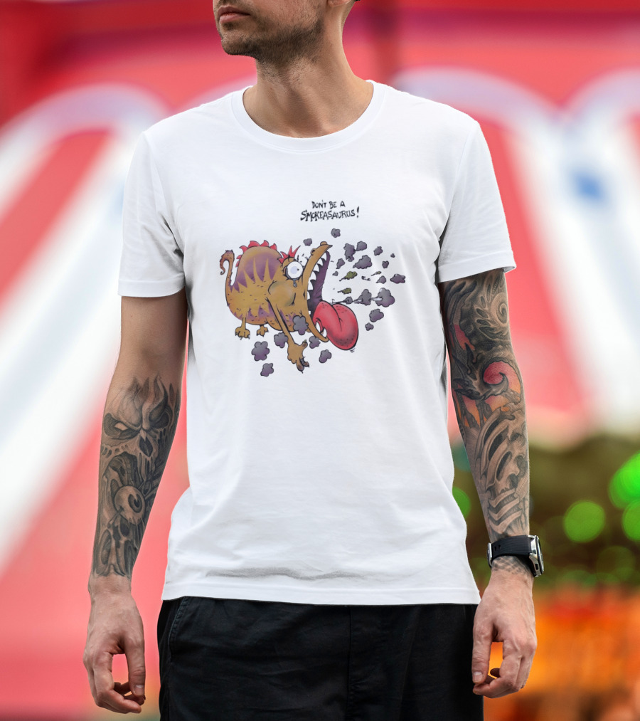 Buttoutz Don't Be A Smokeasaurus Smoking Dinosaur Cartoon Funny Anti Smoking Message T-Shirt