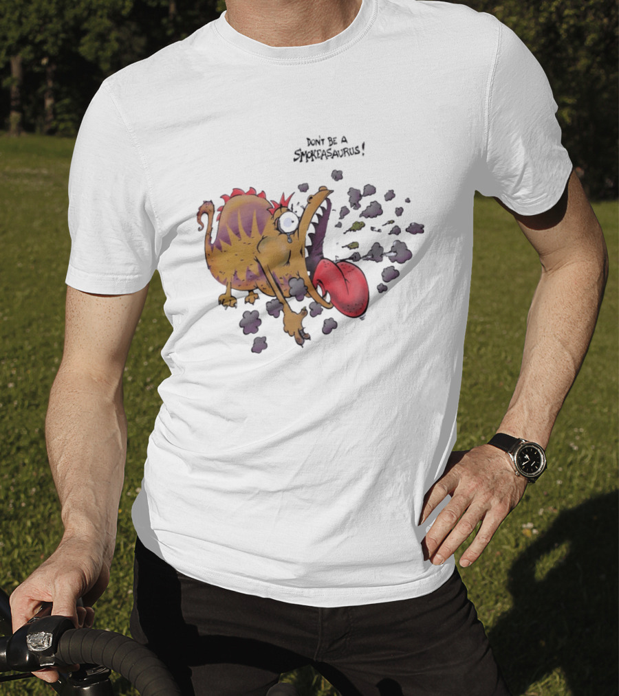 Buttoutz Don't Be A Smokeasaurus Smoking Dinosaur Cartoon Funny Anti Smoking Message T-Shirt