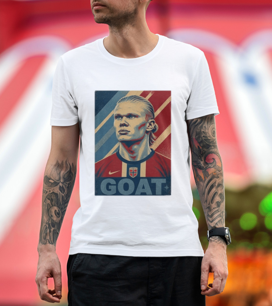 Erling Haaland G.O.A.T Norway Soccer Legend Iconic Red Blue Stripes T-Shirt