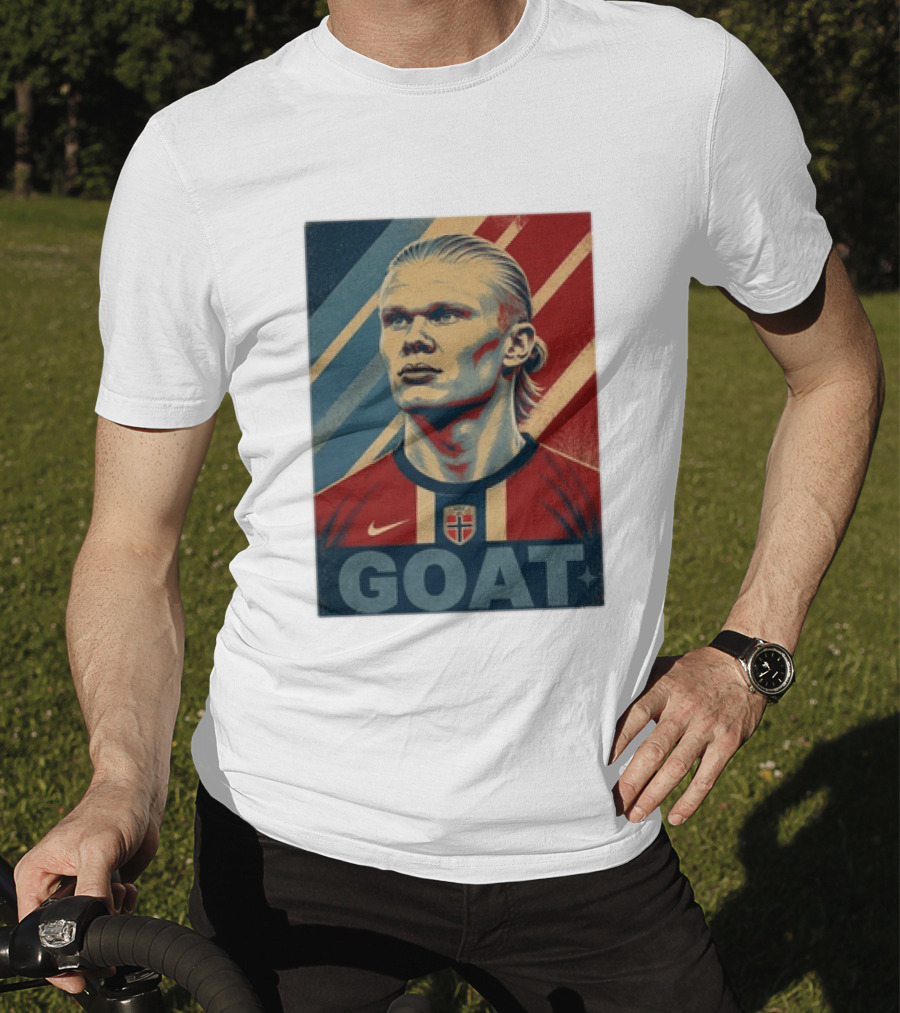 Erling Haaland G.O.A.T Norway Soccer Legend Iconic Red Blue Stripes T-Shirt