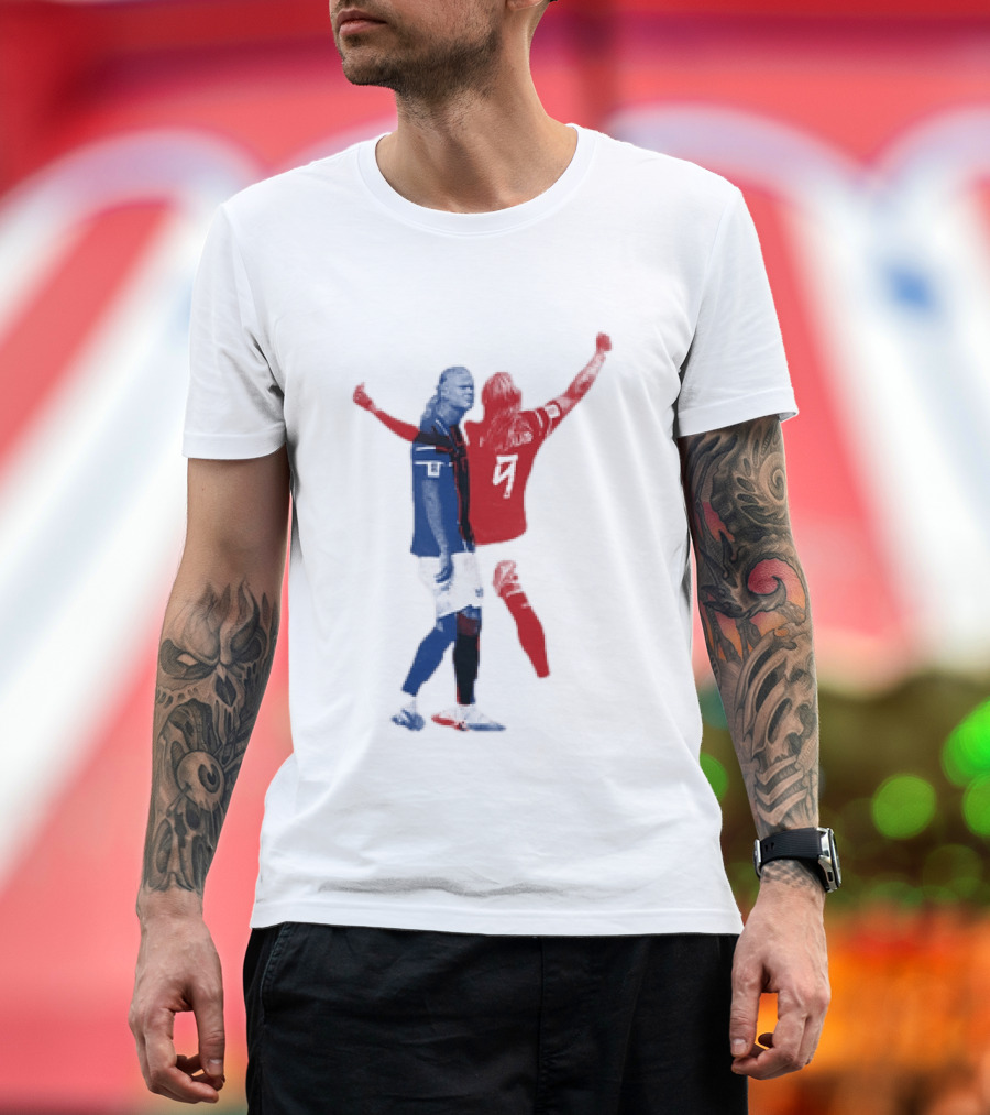 Erling Haaland Norway National Team Halftone Collage Blue And Red Number 9 T-Shirt