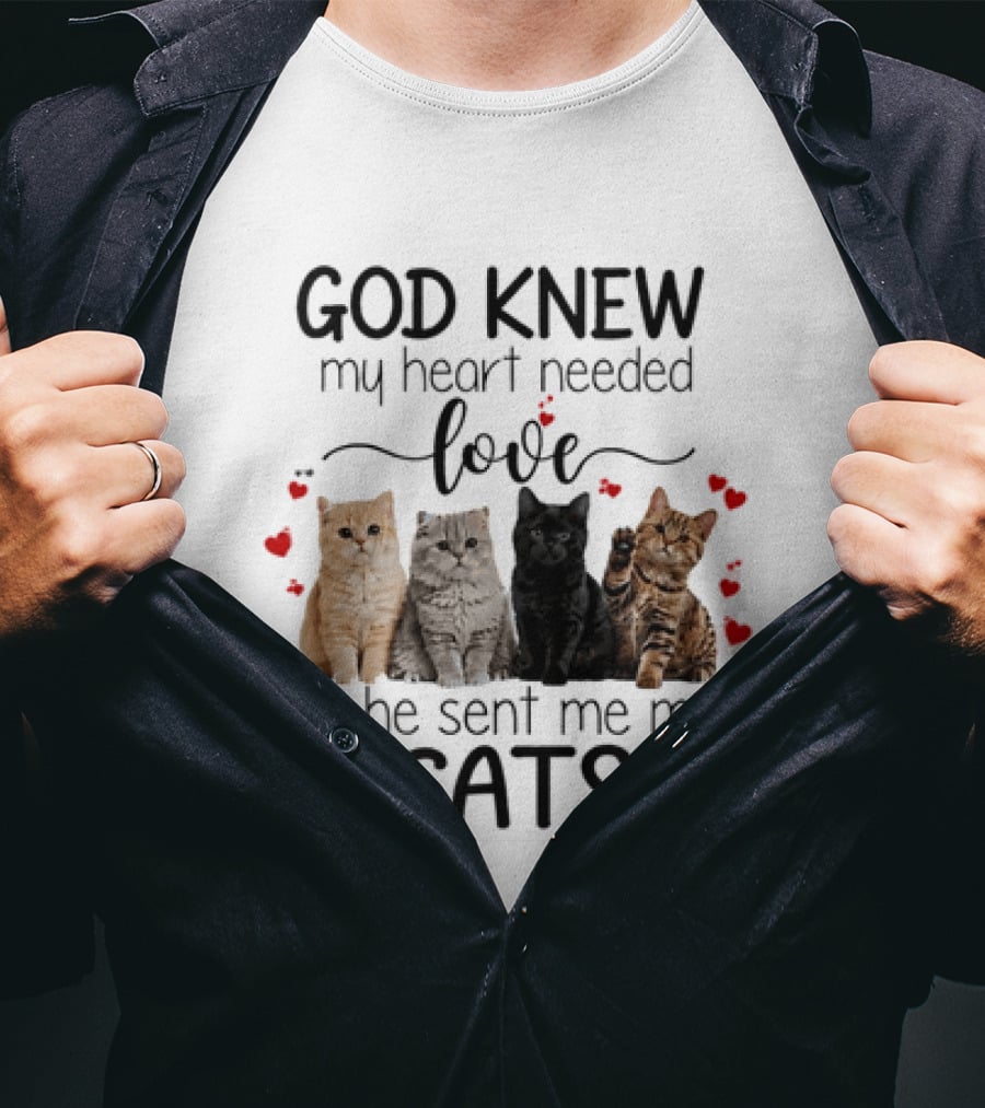 God Knew My Heart Needed Love So He Sent Me My Cats Cute Feline Companions With Paw Prints And Hearts T-Shirt