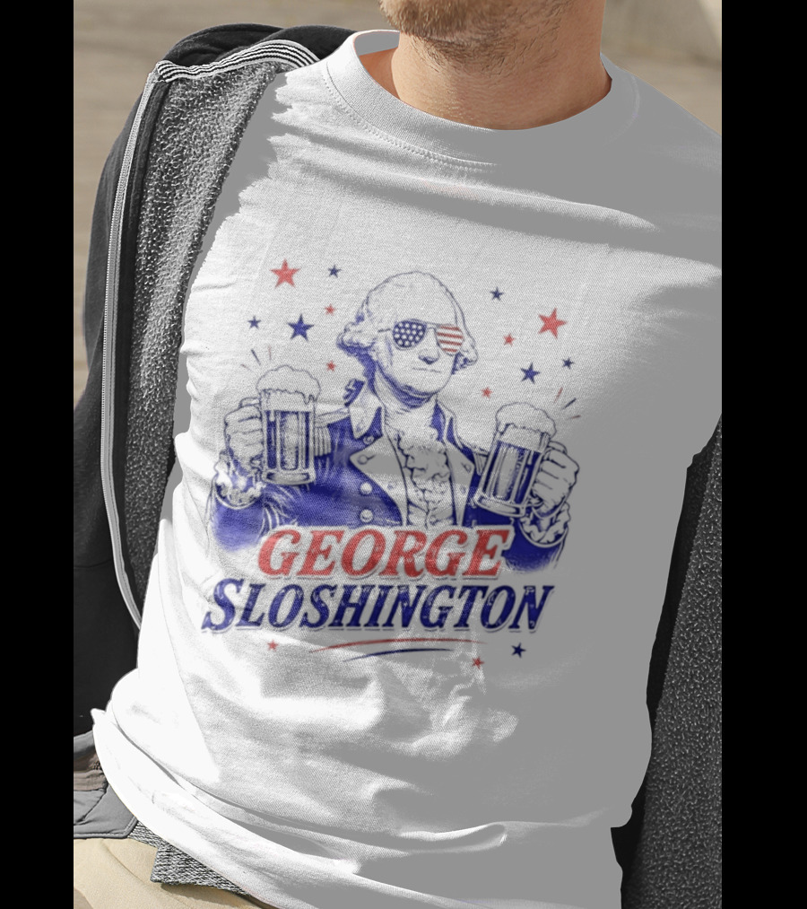 GEORGE SLOSHINGTON Party Patriot Drinking Beer Red White Blue Stars T-Shirt