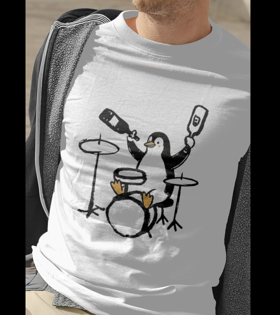 Penguin Playing Drums Drinking Wine With Bottle T-Shirt
