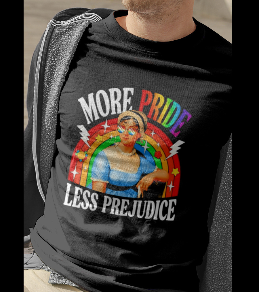 More Pride Less Prejudice LGBTQ Rainbow Heart Jane Austen Pride Month T-Shirt