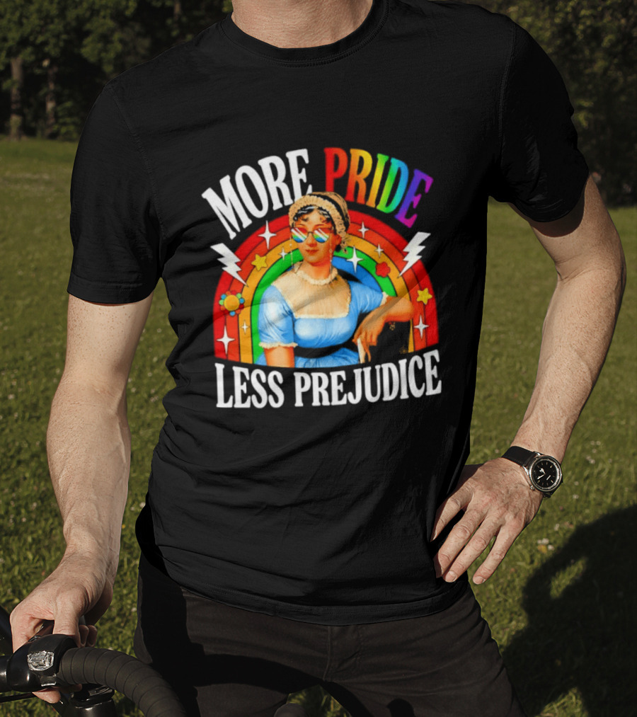 More Pride Less Prejudice LGBTQ Rainbow Heart Jane Austen Pride Month T-Shirt