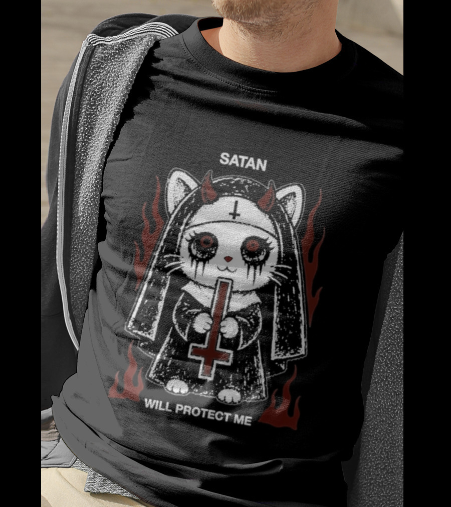 Satan Will Protect Me Goth Cat Nun Dark Aesthetic Devil Horns Fiery Flames T-Shirt