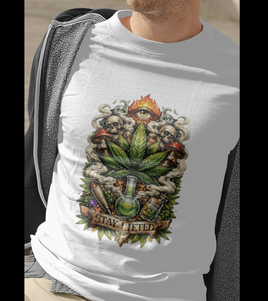 Cannabis Leaf Skull Mushroom Alchemy Eye Stay Lifted Weed Culture T-Shirt