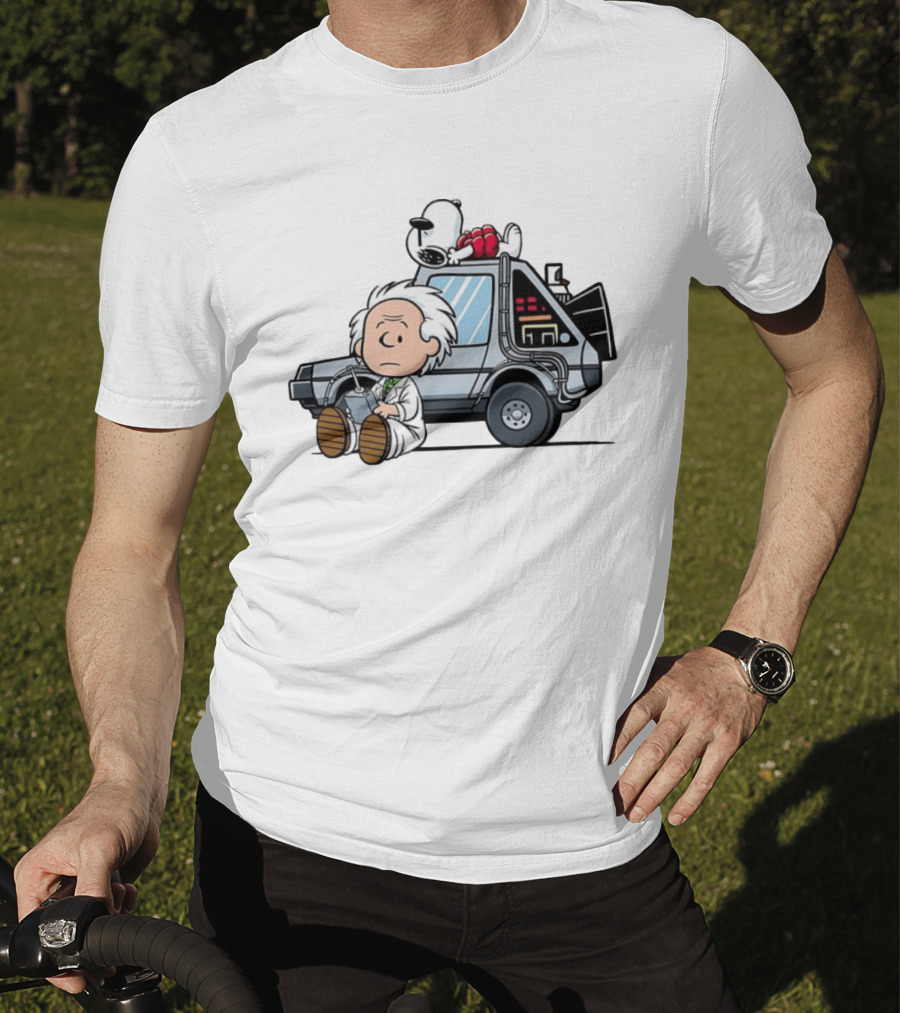 Doc Brown Snoopy Back To The Future Delorean Time Machine Cartoon Mashup T-Shirt