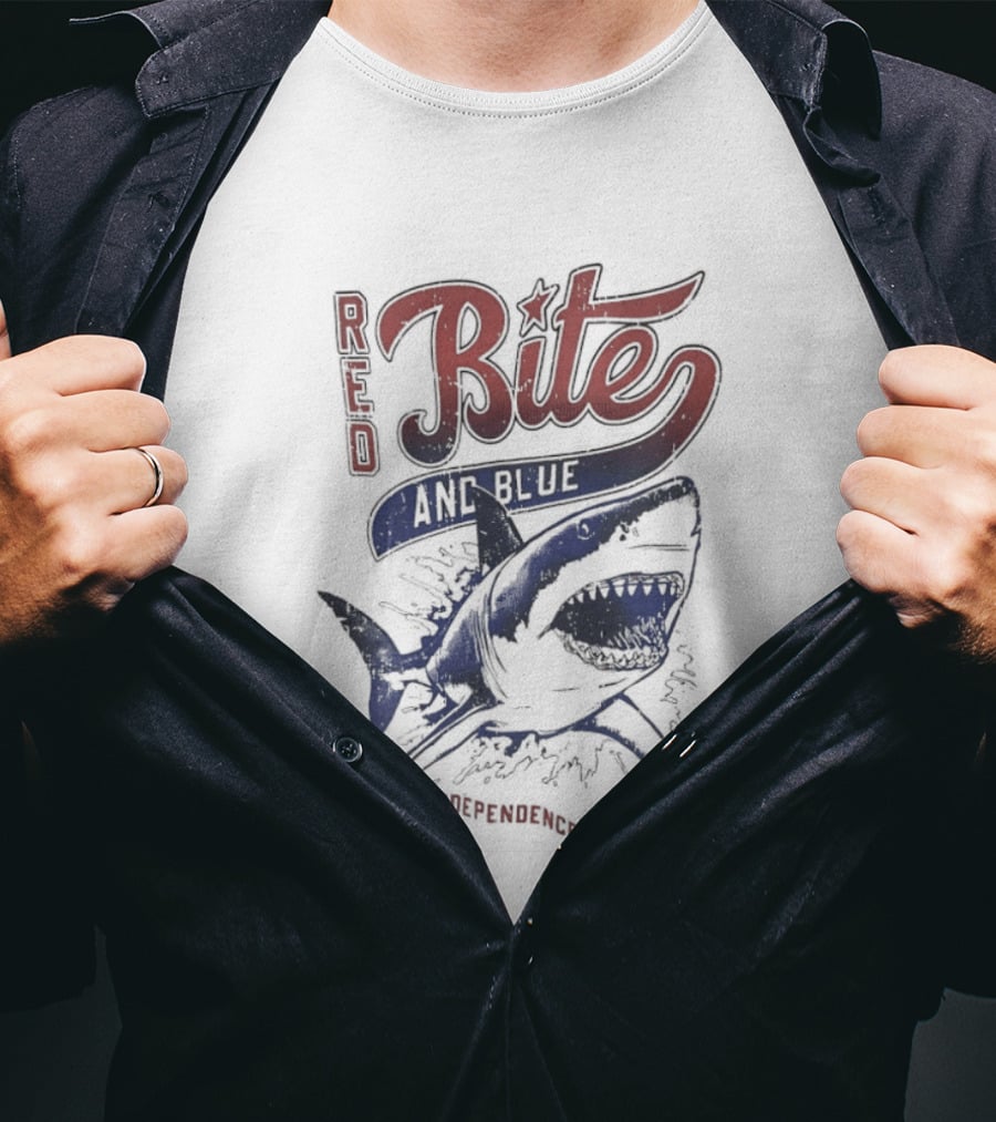 Red Bite And Blue Shark Findependence Day T-Shirt