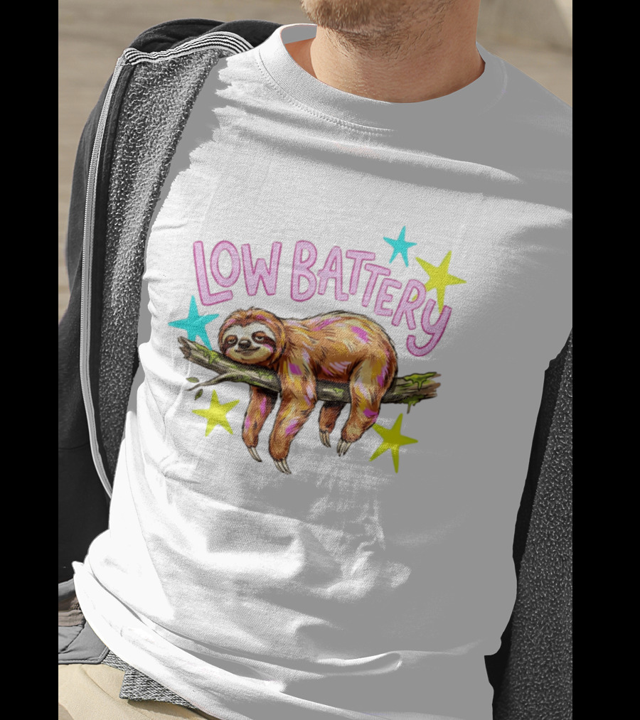 Lazy Sloth Low Battery Tired Animal With Colorful Stars T-Shirt