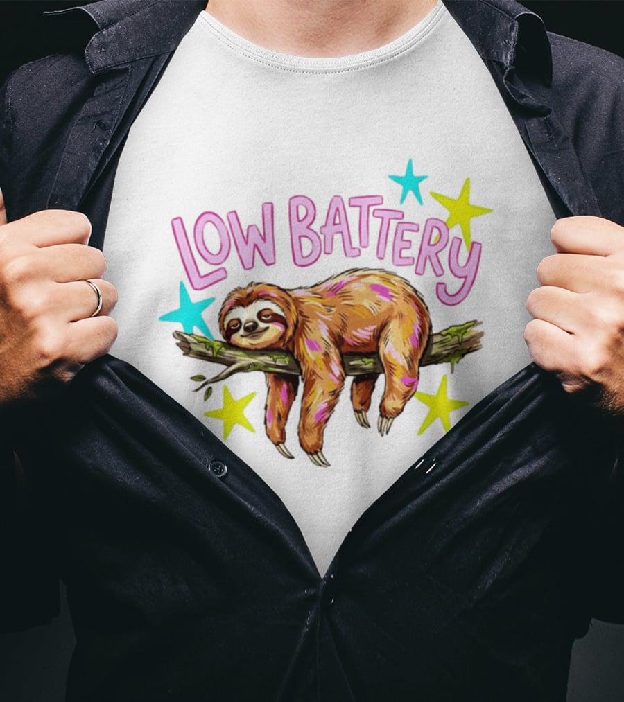 Lazy Sloth Low Battery Tired Animal With Colorful Stars T-Shirt