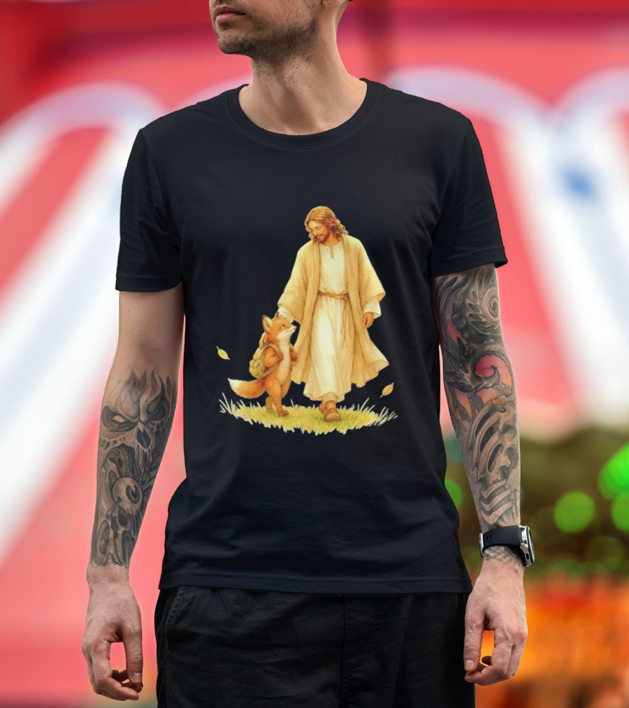 Jesus Christ And Fox Companion With Backpack In Nature Scene T-Shirt