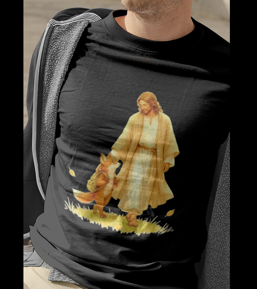 Jesus Christ And Fox Companion With Backpack In Nature Scene T-Shirt