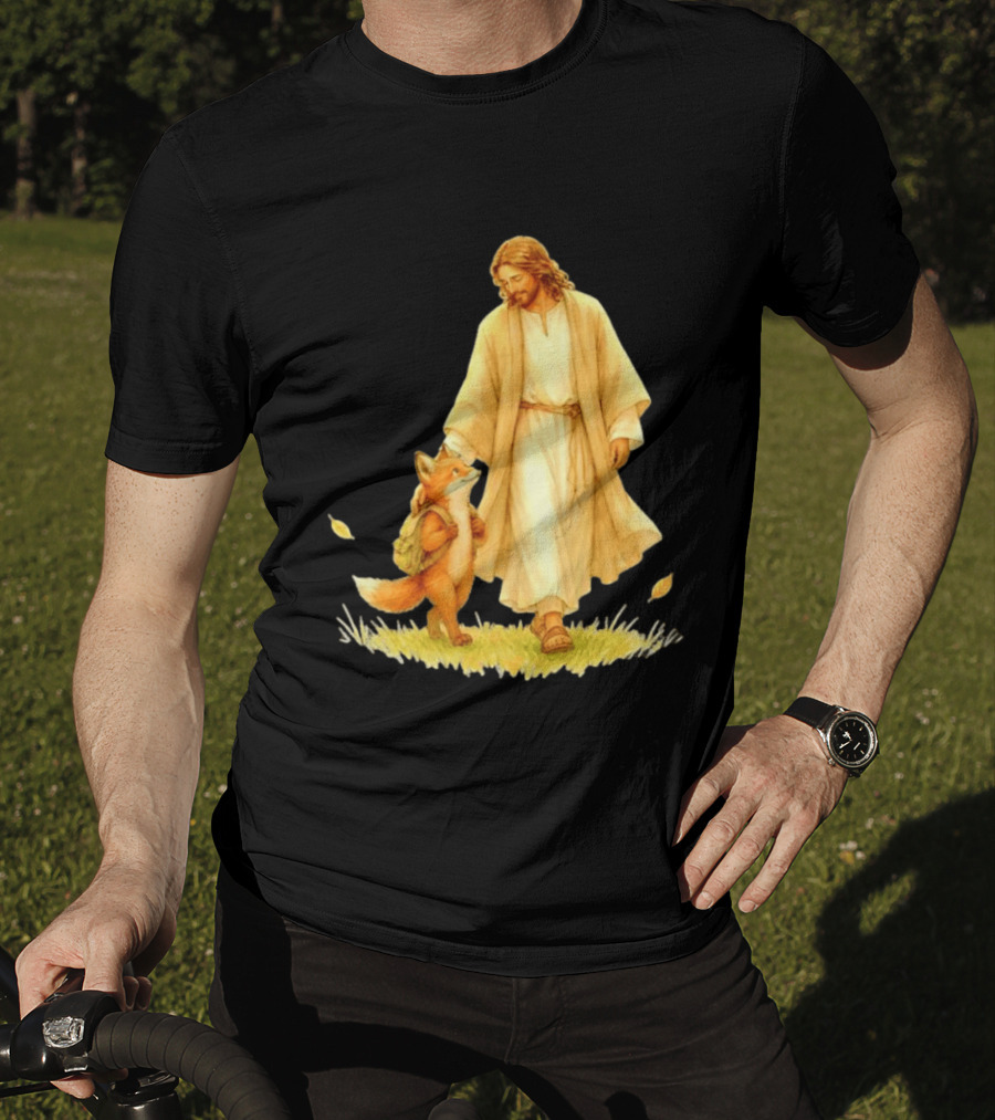 Jesus Christ And Fox Companion With Backpack In Nature Scene T-Shirt
