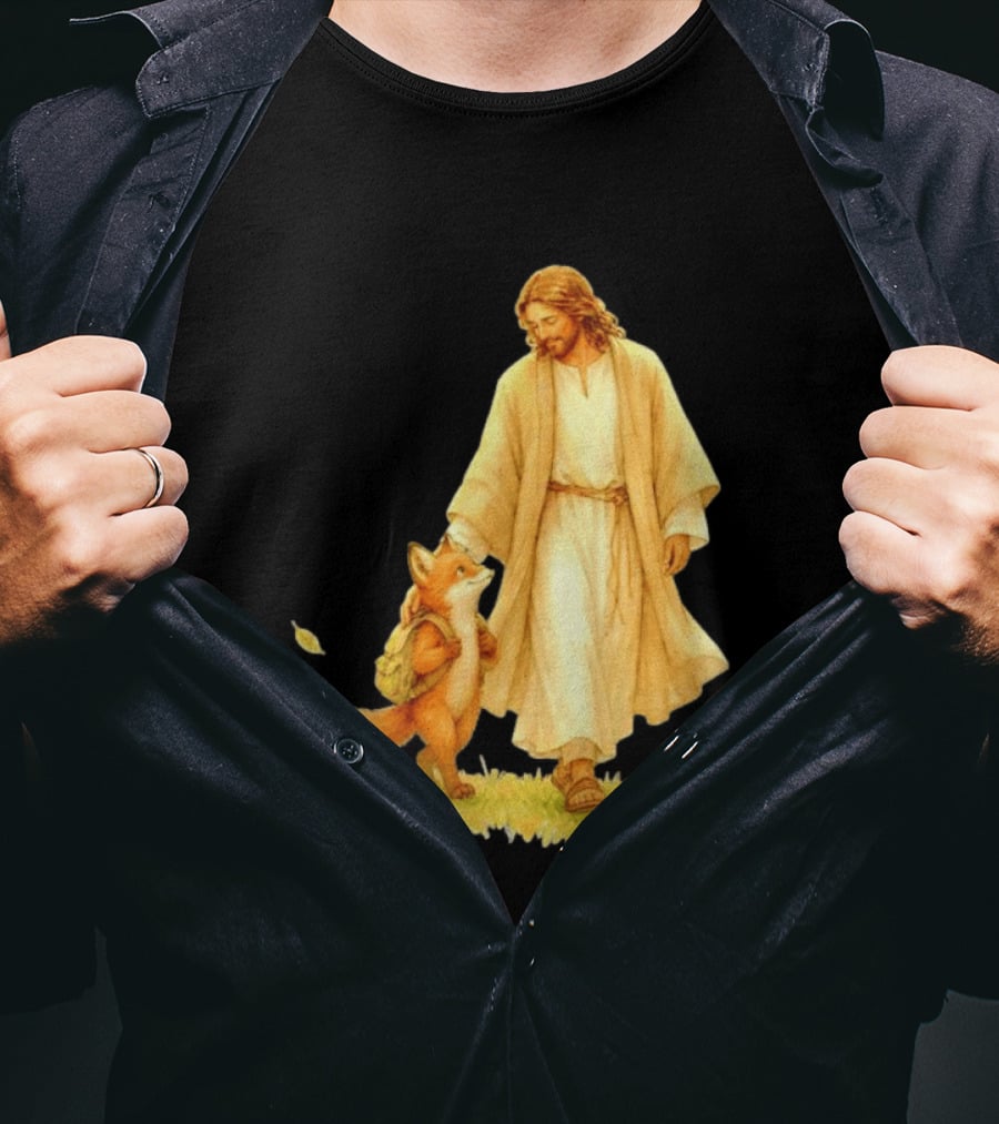 Jesus Christ And Fox Companion With Backpack In Nature Scene T-Shirt