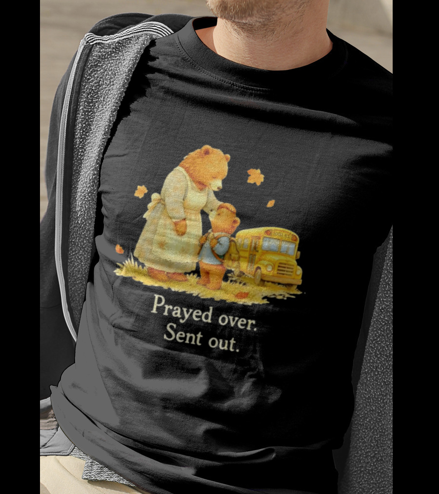 Mama Bear And Cub School Bus Prayed Over Sent Out Back To School Autumn Scene T-Shirt