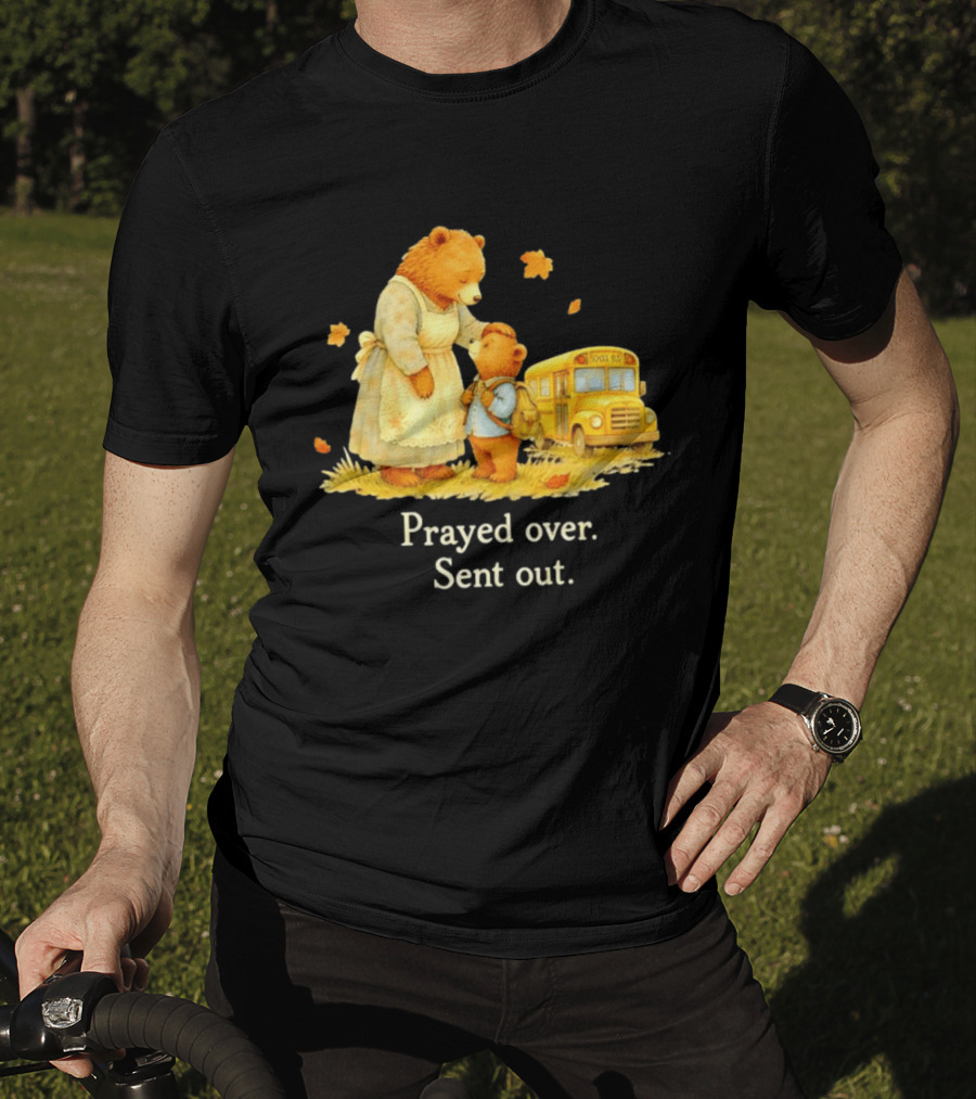Mama Bear And Cub School Bus Prayed Over Sent Out Back To School Autumn Scene T-Shirt