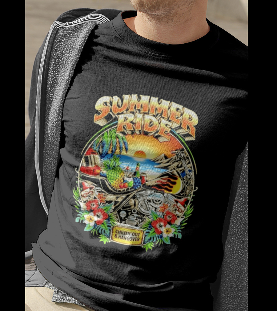 Summer Ride Chillin' Out Hangover Motorcycle Beach Sunset Tropical Fruits Floral T-Shirt