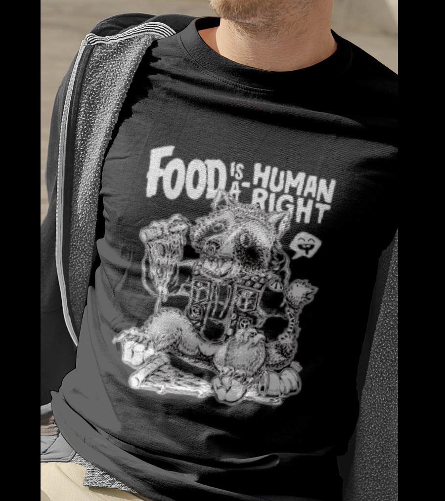 Food Is A Human Right Raccoon Punk Rocker Skeleton Peace Signs T-Shirt