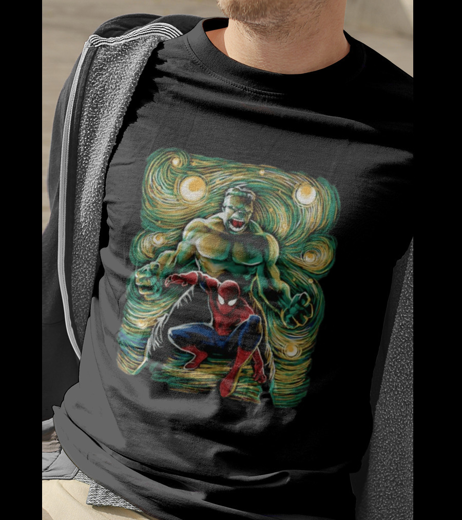 Hulk And Spider Man Marvel Comics Starry Night Sky Superhero Collaboration T-Shirt