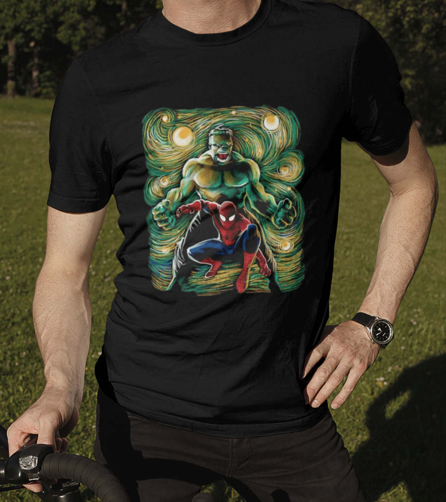 Hulk And Spider Man Marvel Comics Starry Night Sky Superhero Collaboration T-Shirt