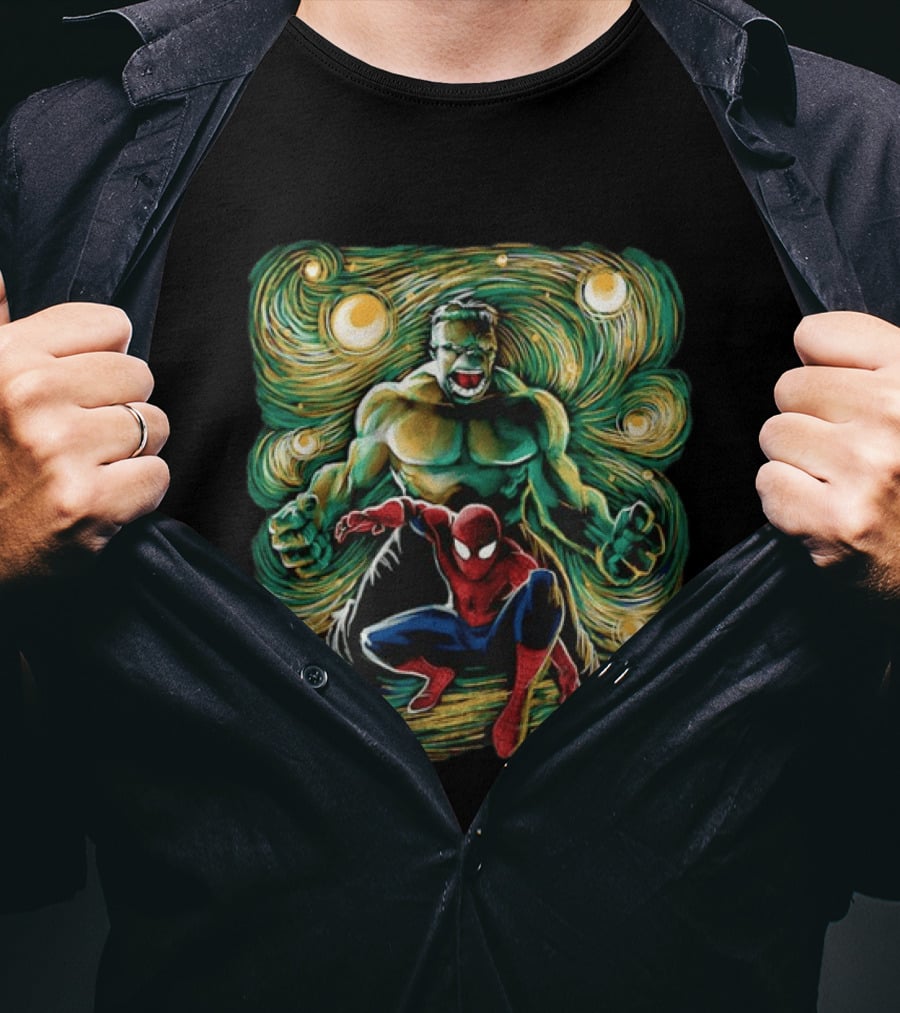 Hulk And Spider Man Marvel Comics Starry Night Sky Superhero Collaboration T-Shirt