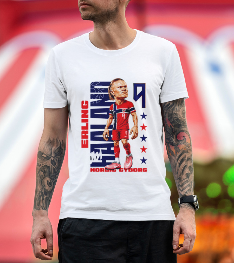 Erling Haaland No 9 Nordic Cyborg Stars And Stripes Caricature T-Shirt