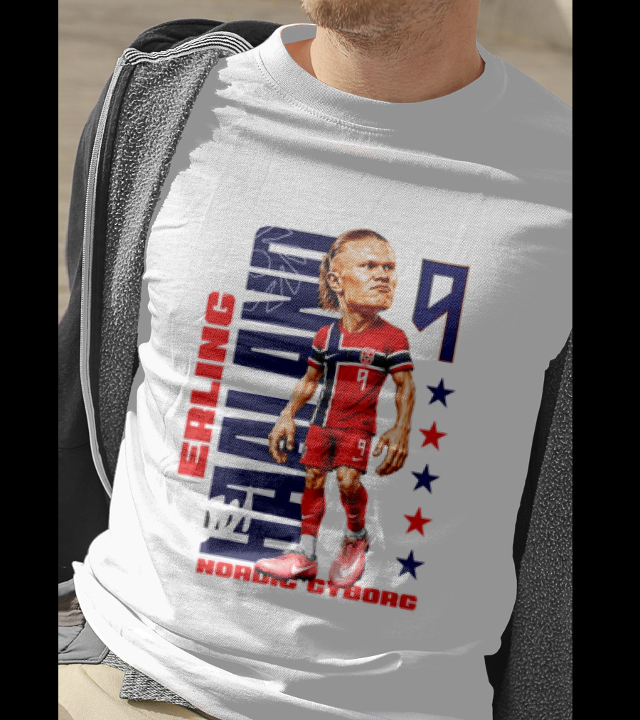 Erling Haaland No 9 Nordic Cyborg Stars And Stripes Caricature T-Shirt
