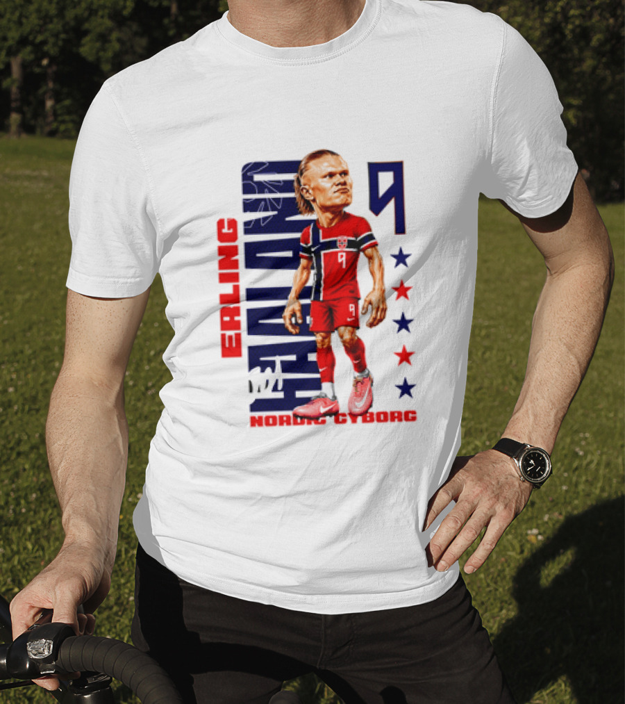 Erling Haaland No 9 Nordic Cyborg Stars And Stripes Caricature T-Shirt