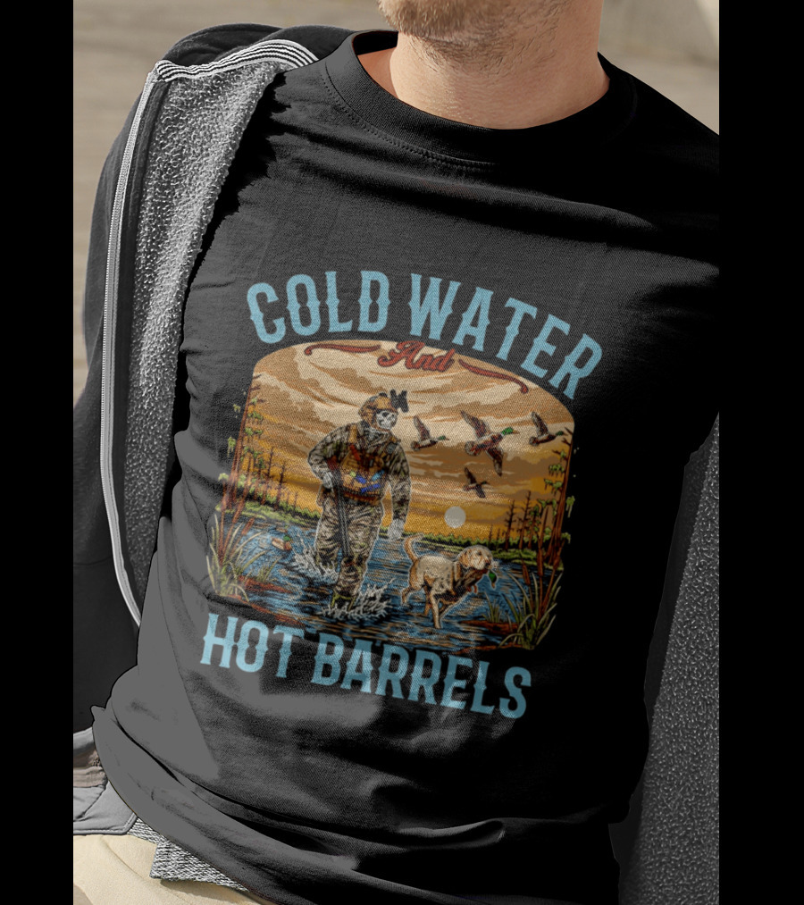 Cold Water And Hot Barrels Skeleton Hunting Ducks Scene With Dog T-Shirt
