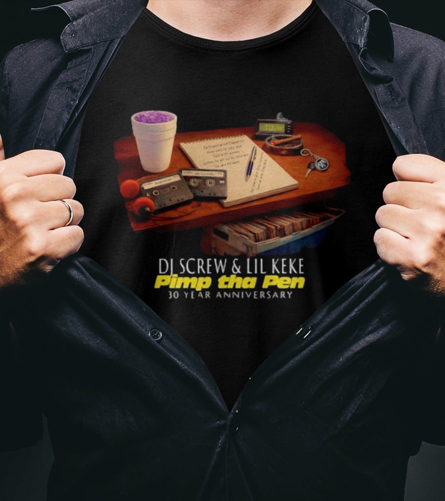 DJ Screw Lil Keke Pimp Tha Pen 30 Year Anniversary Cassette Deck Cup And Notes T-Shirt
