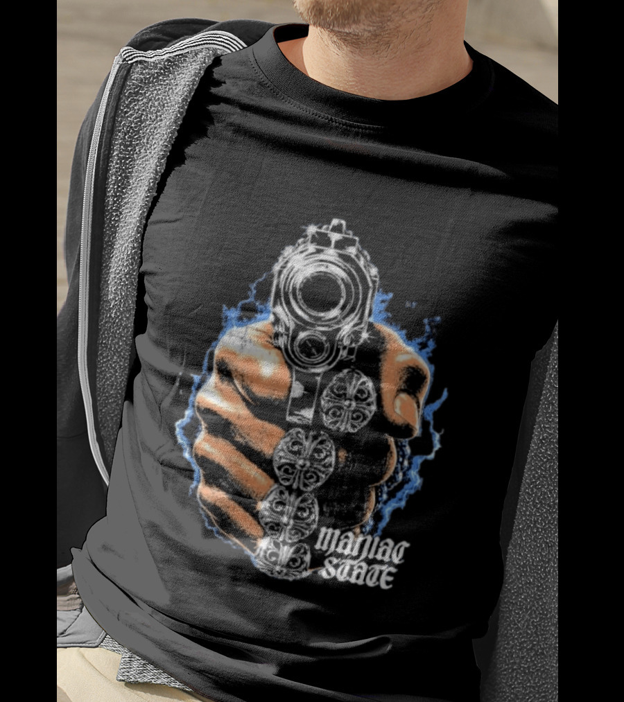 Maniac State Handgun Fist Chrome Cross Rings T-Shirt