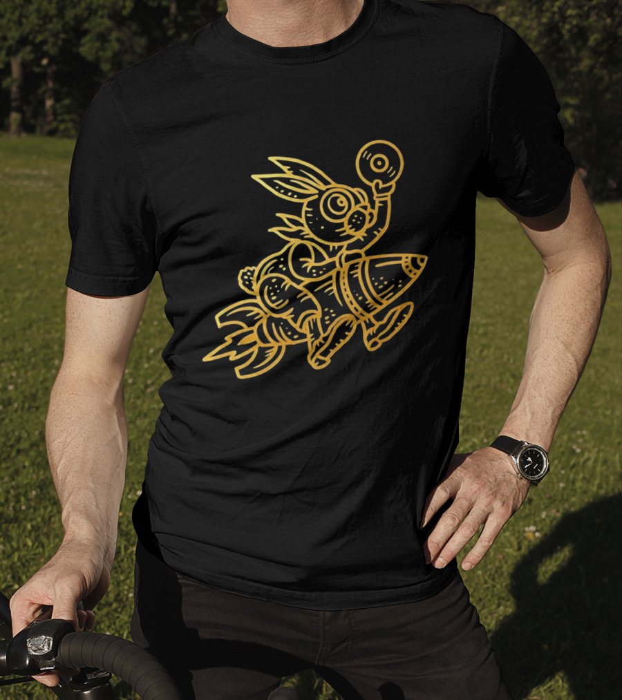 Golden Rabbit Riding A Rocket With Vinyl Record Music Space Adventure T-Shirt