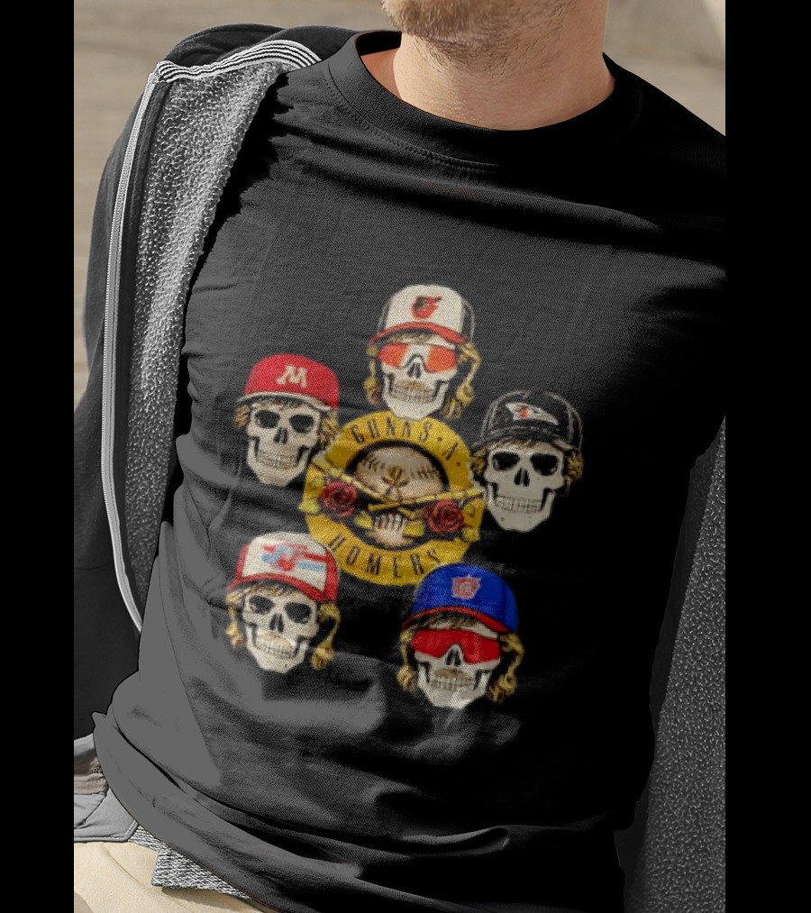 Gunns N Homers Baseball Skull Mashup With Five Caps T-Shirt