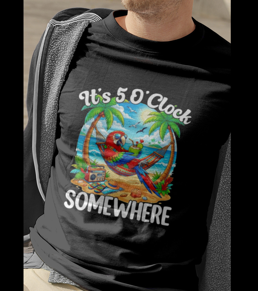 Parrot Relaxing In Hammock On Tropical Beach With It's 5 O' Somewhere Vibe T-Shirt