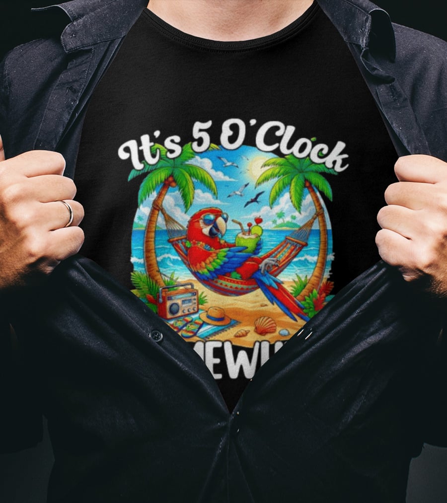 Parrot Relaxing In Hammock On Tropical Beach With It's 5 O' Somewhere Vibe T-Shirt