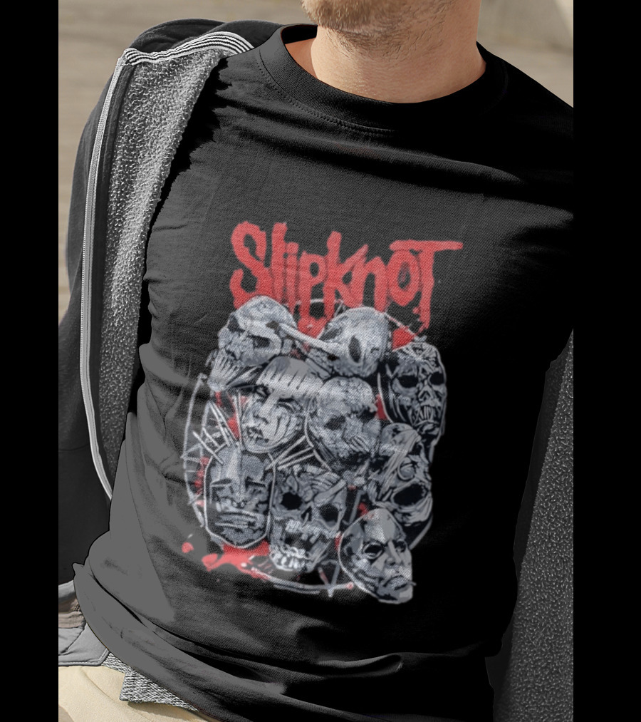 Slipknot Mask Collection With Band Name In Red T-Shirt