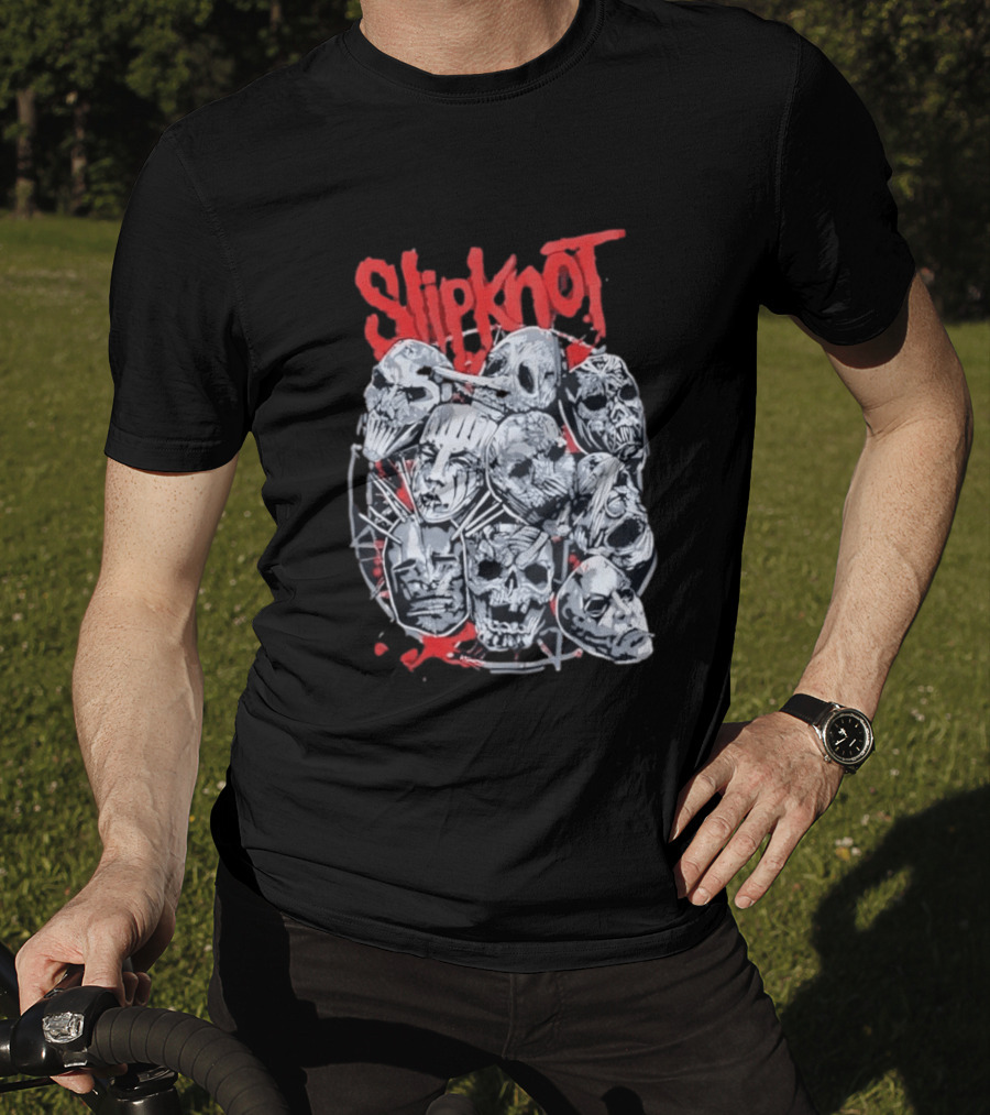 Slipknot Mask Collection With Band Name In Red T-Shirt