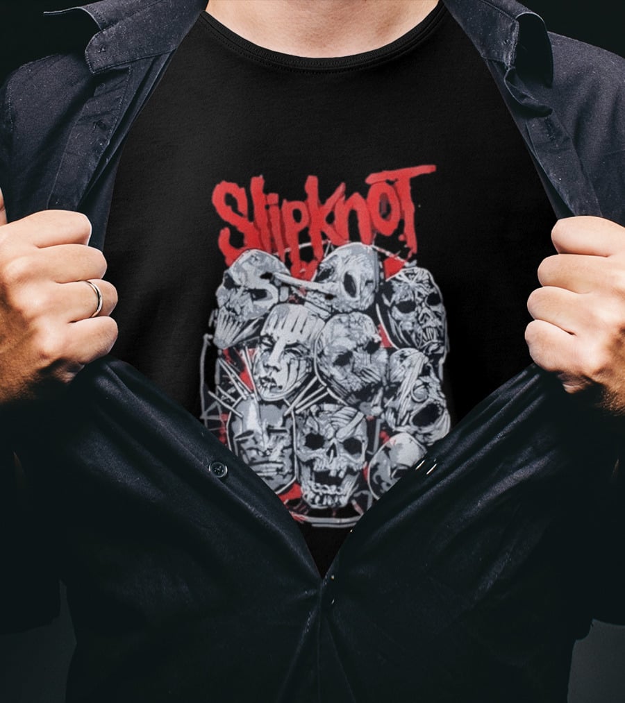 Slipknot Mask Collection With Band Name In Red T-Shirt