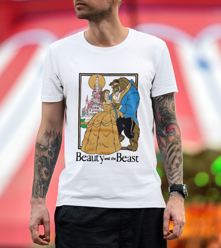 Beauty And The Beast Belle And Beast Dancing In Front Of Castle T-Shirt