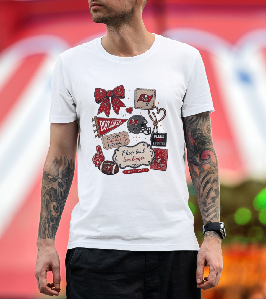 Tampa Bay Buccaneers Mom Red Floral Bow Cheer Loud Love Bigger Football Patch Collage T-Shirt