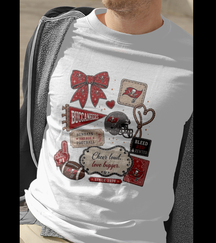 Tampa Bay Buccaneers Mom Red Floral Bow Cheer Loud Love Bigger Football Patch Collage T-Shirt