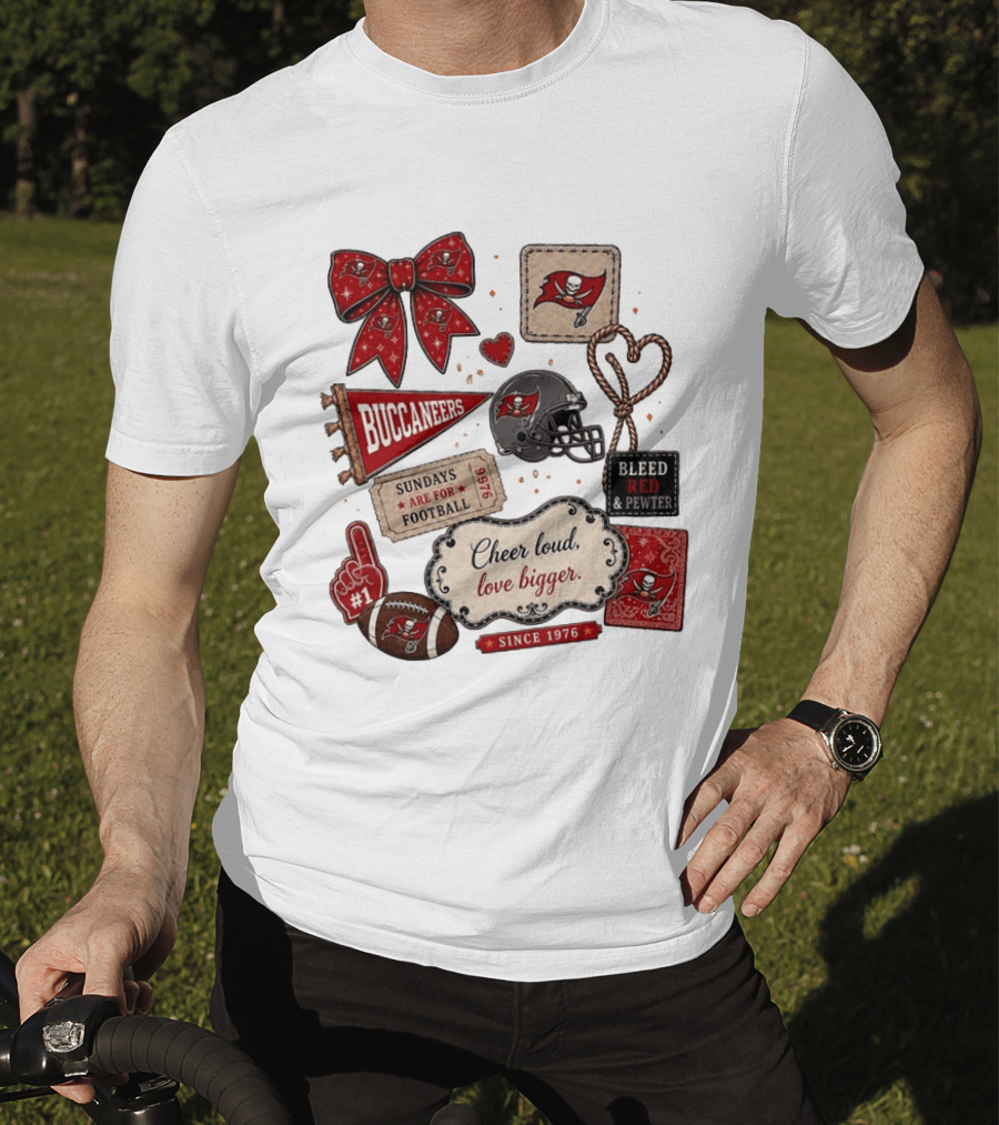 Tampa Bay Buccaneers Mom Red Floral Bow Cheer Loud Love Bigger Football Patch Collage T-Shirt
