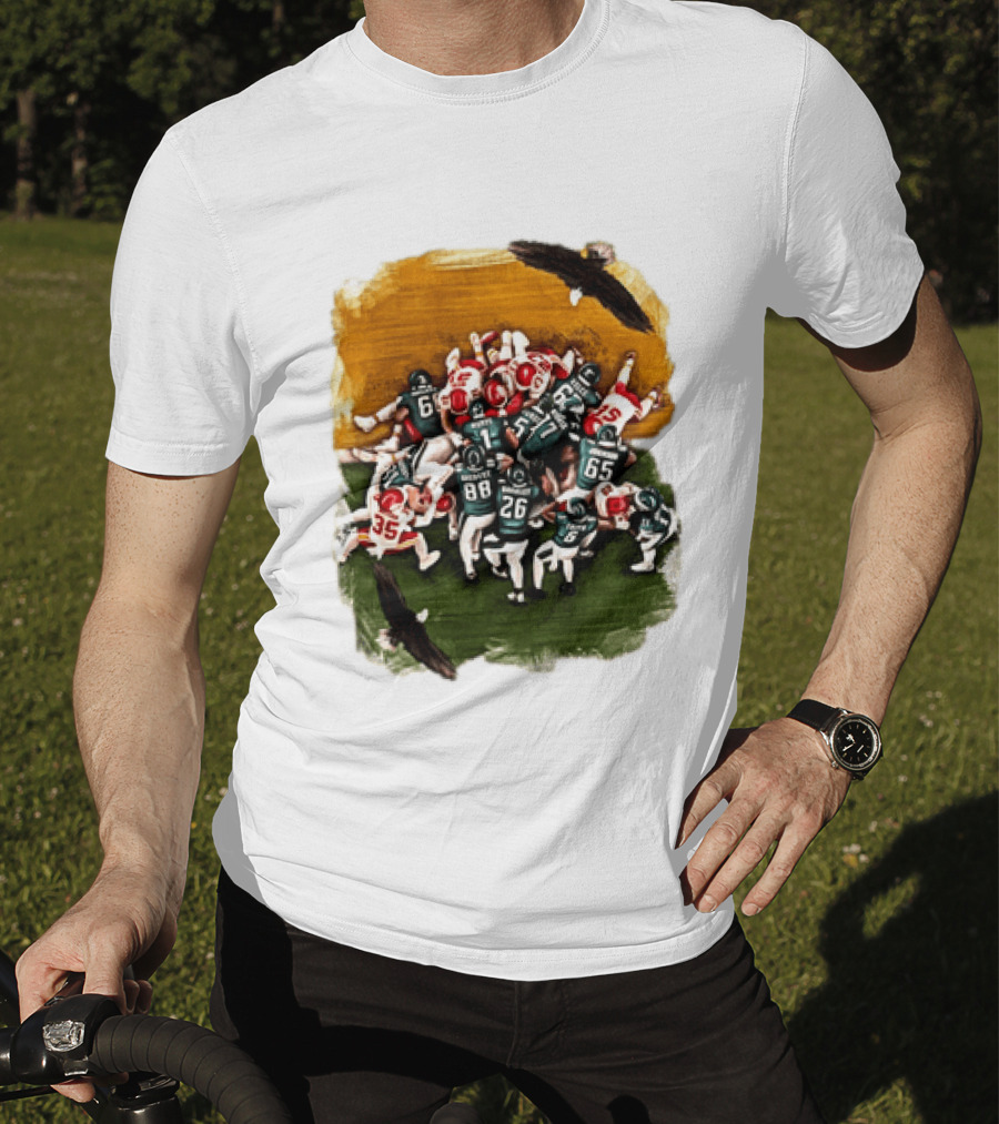 Philadelphia Eagles Tush Push Jalen Hurts Saquon Barkley Jason Kelce Action Play T-Shirt