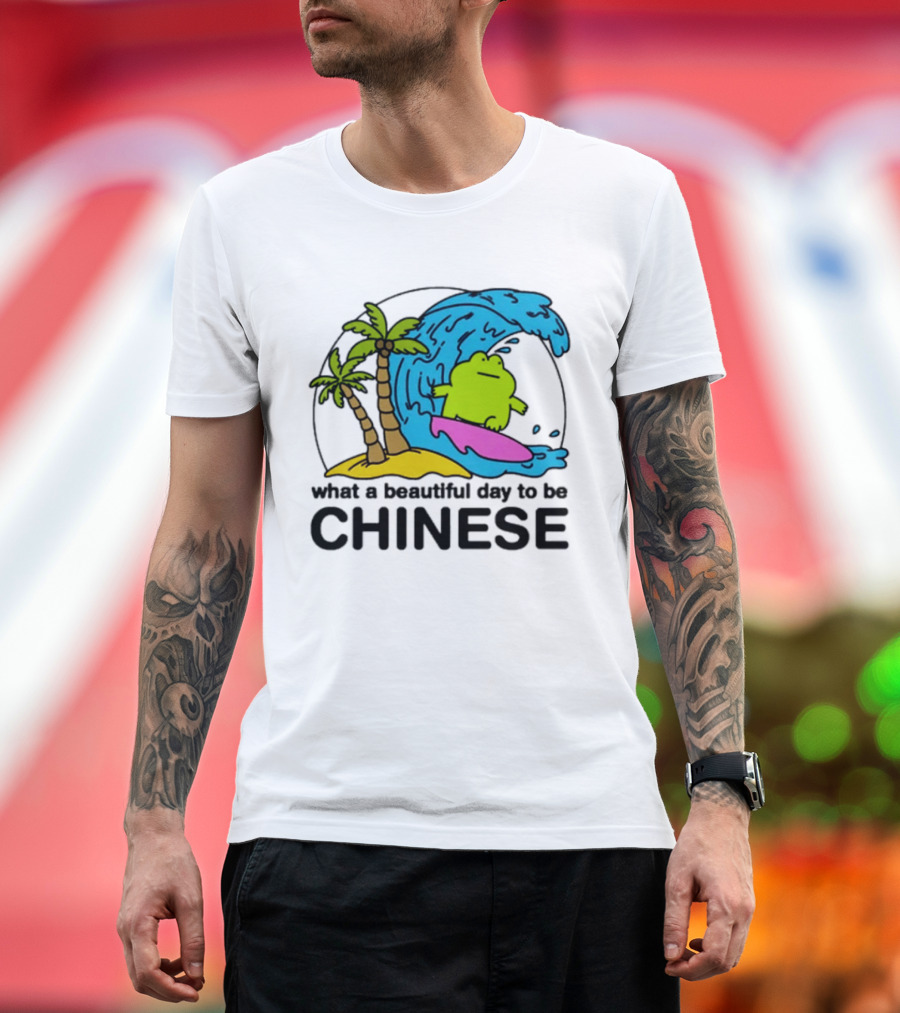What A Beautiful Day To Be Chinese Surfing Frog With Palm Trees And Waves T-Shirt