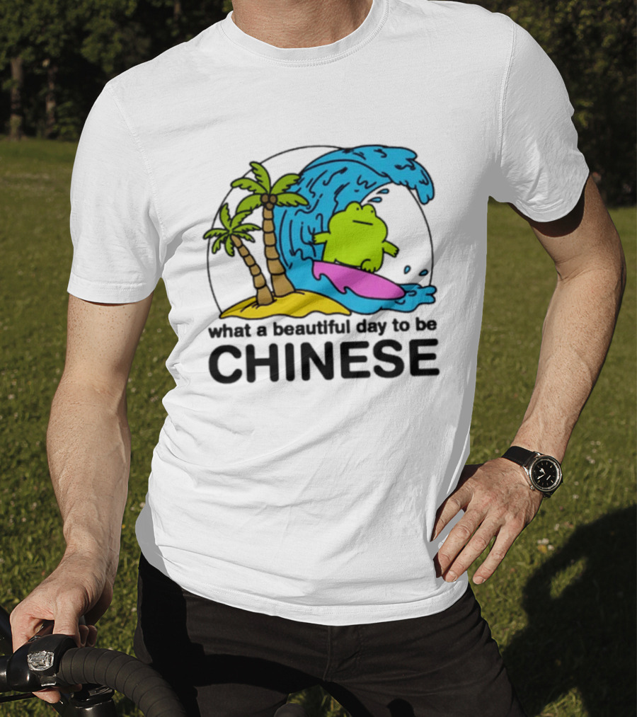 What A Beautiful Day To Be Chinese Surfing Frog With Palm Trees And Waves T-Shirt