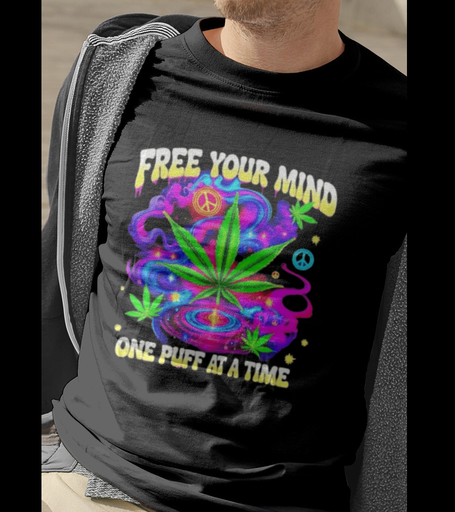 Psychedelic Cannabis Leaf Peace Sign Free Your Mind One Puff At A Time Trippy T-Shirt