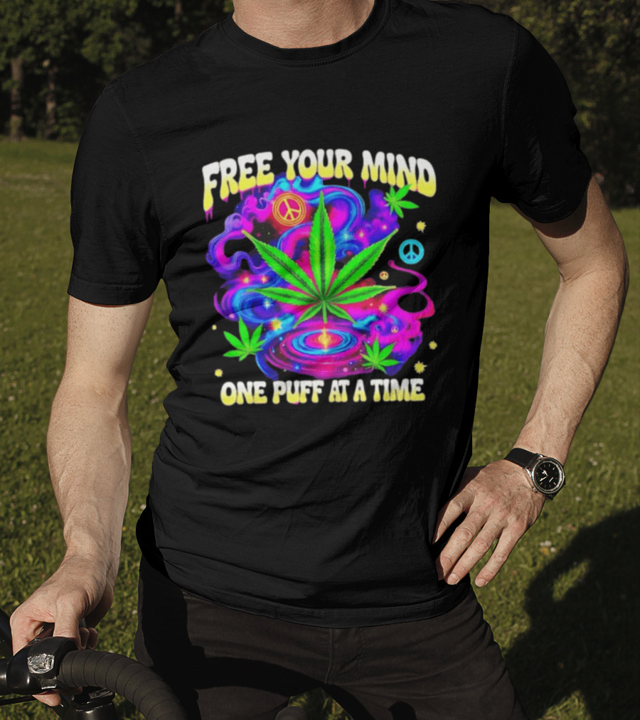 Psychedelic Cannabis Leaf Peace Sign Free Your Mind One Puff At A Time Trippy T-Shirt